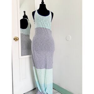 Express Teal Green Striped Racerback Scoop Neck Maxi Vacation Beach Dress S/P